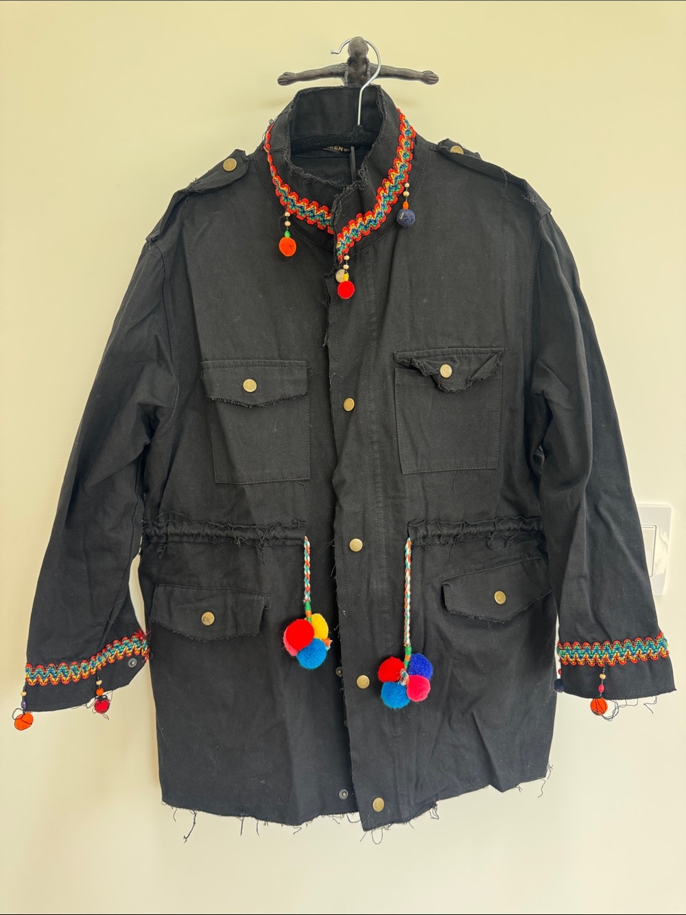 Lee Black Field Jacket with Colorful Pom & Braided Trim